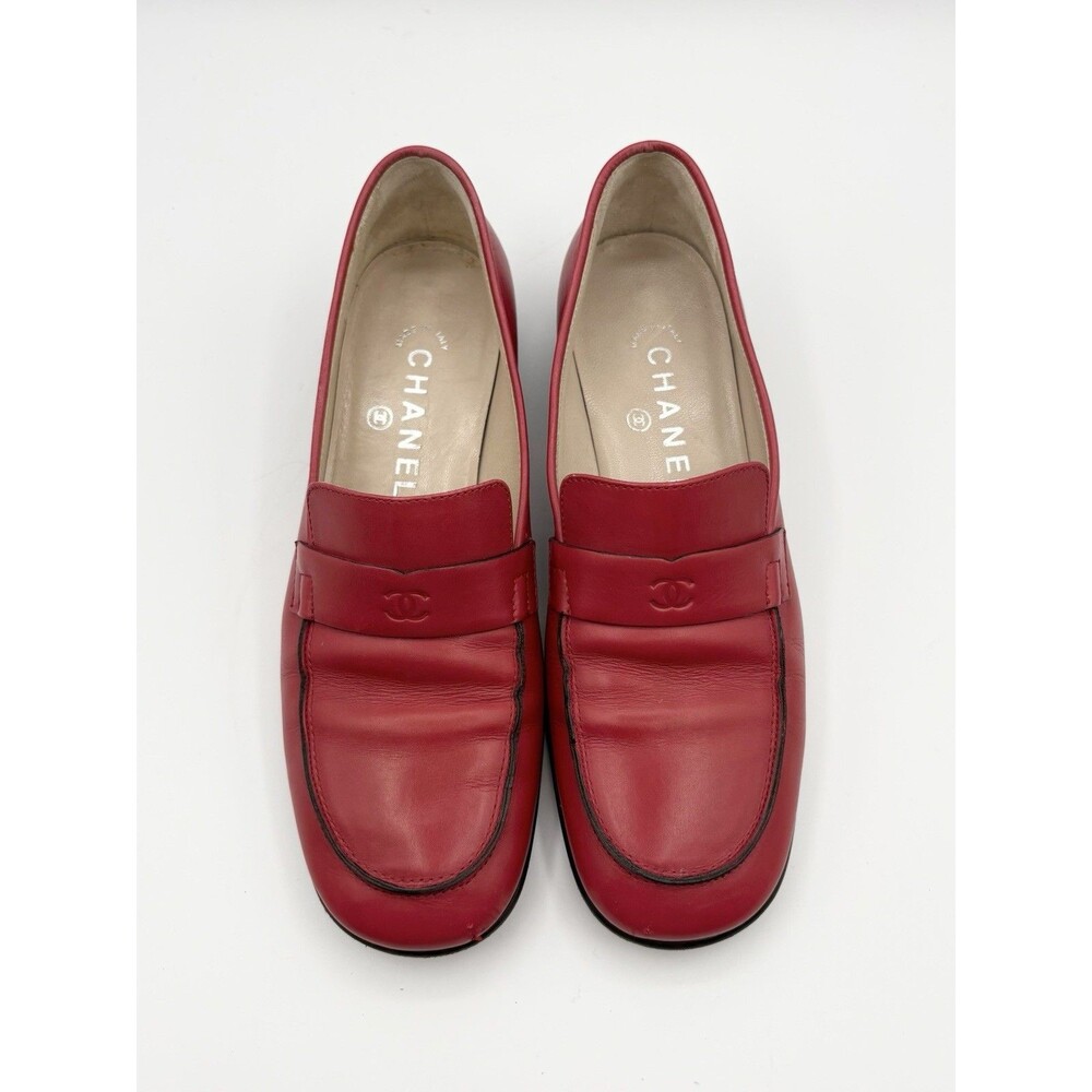 Chanel Red Calf Leather Loafers CC Logo Vintage Black Trim Y2K Sz EU 36